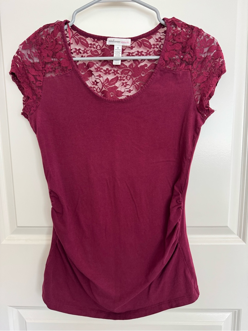 Ambiance Lace-Shoulder Maternity top in Burgundy